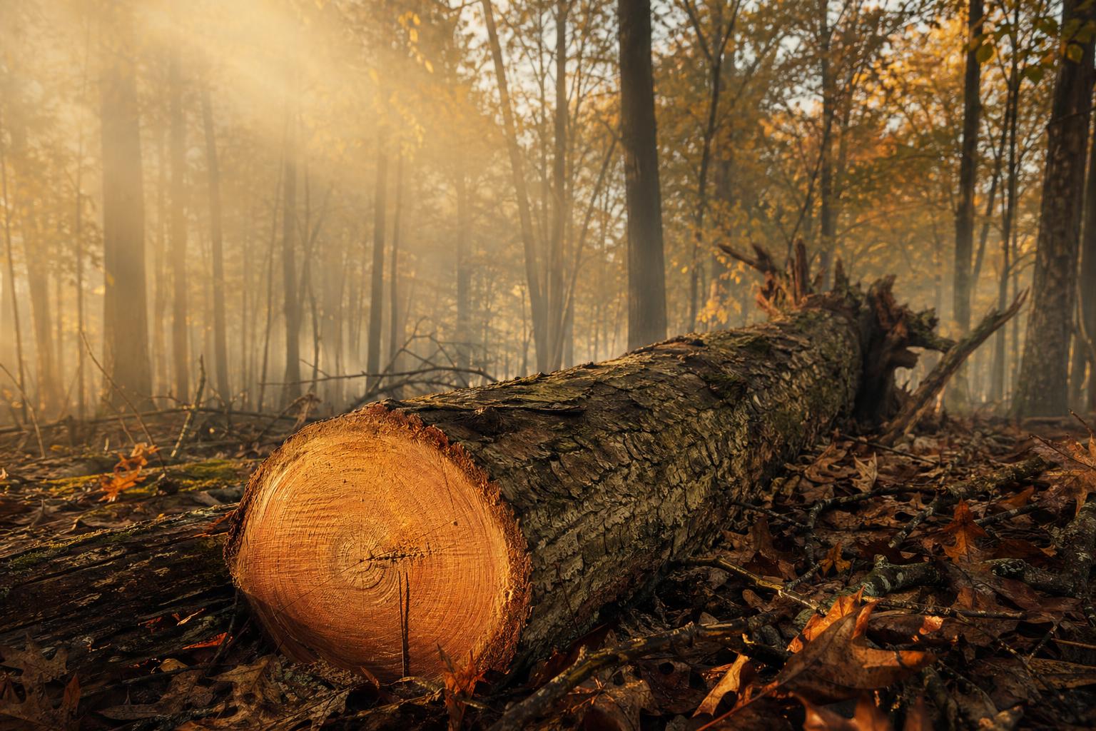Golden-hour Indiana hardwood forest with a freshly felled white oak in the foreground